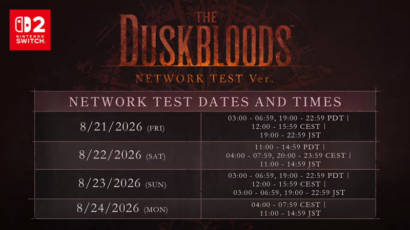 The duskbloods networktest schedule