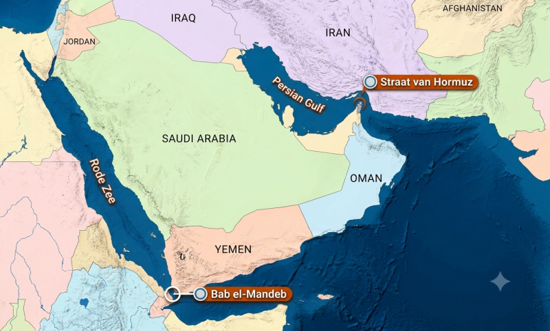 Landkaart Saoedi-Arabie, Jemen, Oman en zeeen (@Gemini-AI-impressie) 