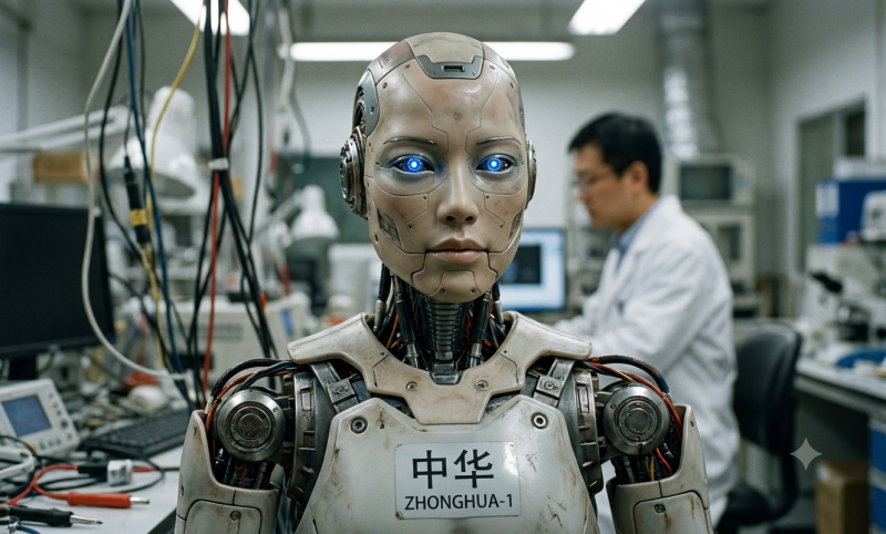 Humanoide robot als spion? (@Gemini-AI-impressie) Humanoide robot (@Gemini-AI-impressie)