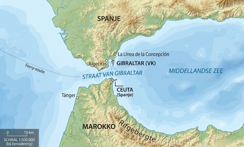 Straat van Gibraltar met enclaves Ceuta en Gibraltar (@Gemini-AI-impressie) Straat van Gibraltar met enclaves Ceuta en Gibraltar (@Gemini-AI-impressie)
