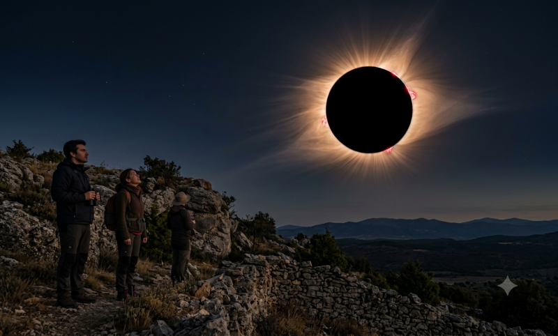 Zonsverduistering bekijken in Spanje (@Gemini-AI-impressie} 