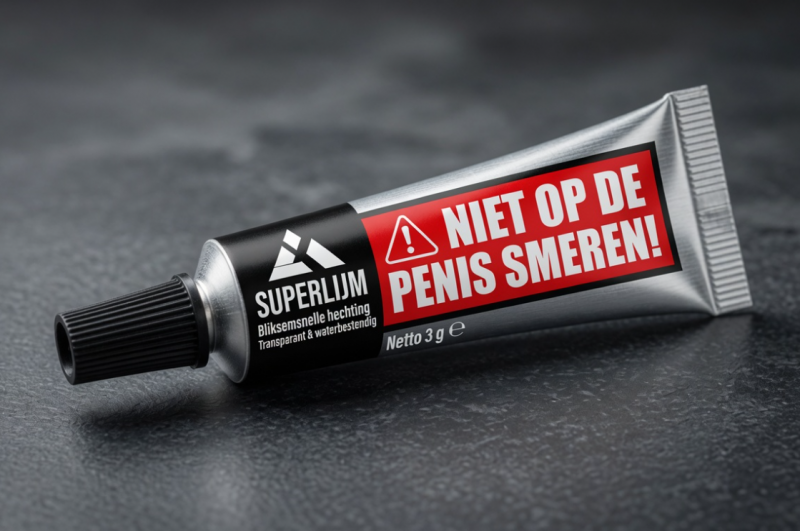 Tijd voor duidelijke waarschuwingen op lijmtubes (Afbeelding: Grok AI / FOK.nl)