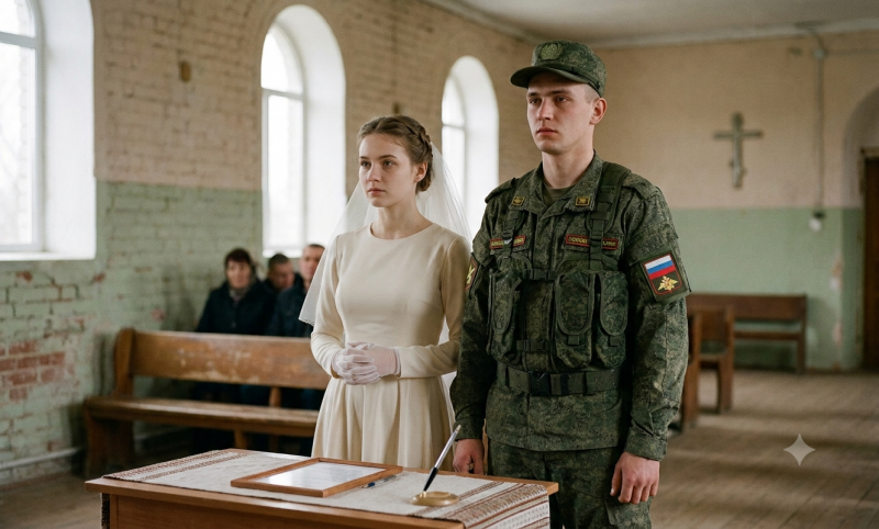 Huwelijk Russische militair met zijn lief (@Gemini-AI-impressie) 