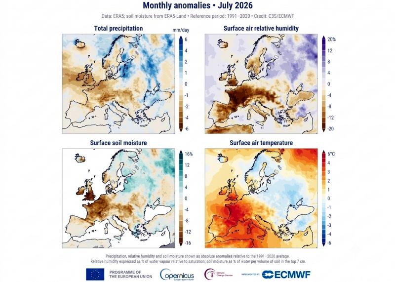Afwijkingen juli 2026 ten opzichte van een 'normale' juli-maand 1991-2021 (@Copernicus - C3S/ECMWF) Afwijkingen juli 2026 ten opzichte van een 'normale' juli-maand 1991-2021 (@Copernicus - C3S/ECMWF)