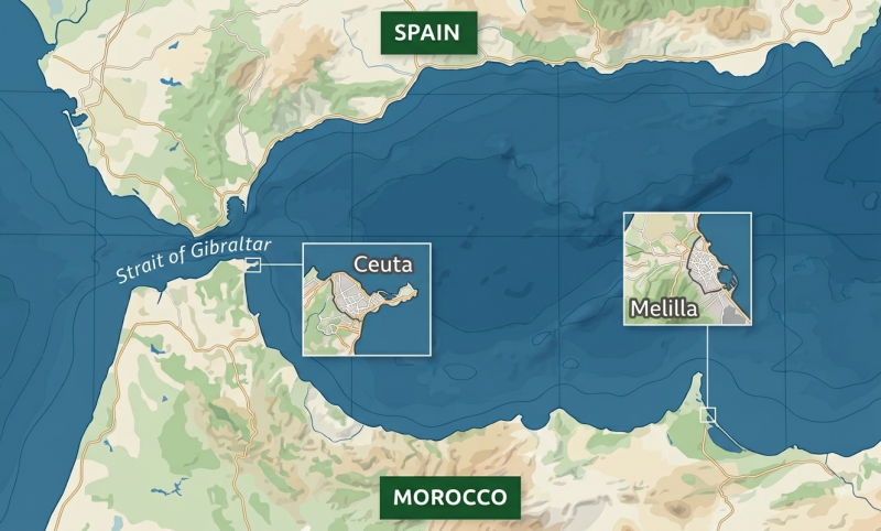 Landkaart met Spaanse enclaves Ceuta en Melilla in Marokko (@Gemini-AI-impressie) Landkaart met Spaanse enclaves Ceuta en Melilla in Marokko (@Gemini-AI-impressie)