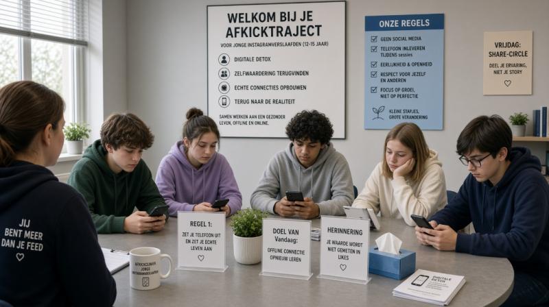 Jongeren in social-media afkickkliniek (AI-Impressie door Grok / FOK.nl)