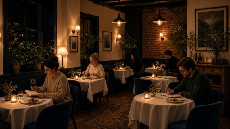 Alleen maar singles in een restaurantje (Afbeelding: Grok AI / FOK.nl)