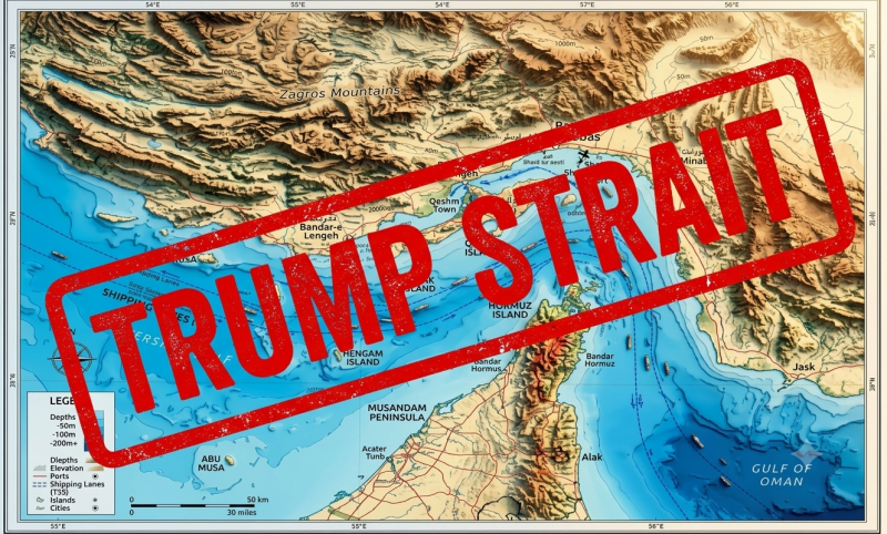 Strait if Hormuz hernoemen naar Trump Strait (@Gemini-AI-impressie) Strait if Hormuz hernoemen naar Trump Strait (@Gemini-AI-impressie)