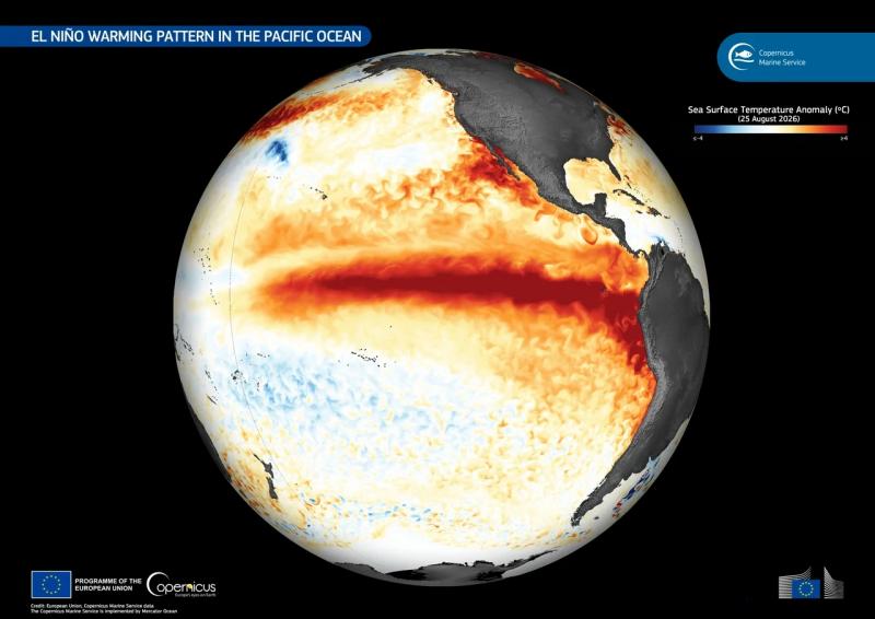 El Nino-opwarmingspatroon in de Stille Oceaan (@Europese Unie, Copernicus Marine Service-gegevens)