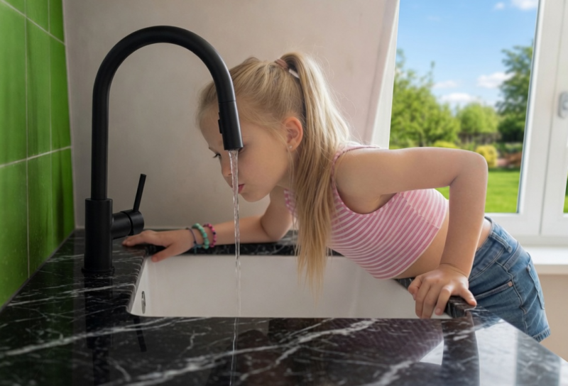 Meisje drinkt uit een kraan (Grok AI / FOK.nl) Meisje drinkt uit een kraan (Grok AI / FOK.nl)