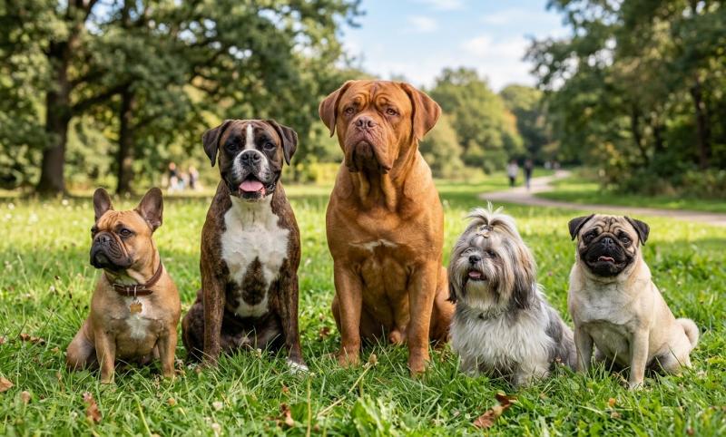 Franse bulldog, Boxer, Bordeauxdog, Shih Tzu en Mopshond (@Gemini-AI-impressie) 